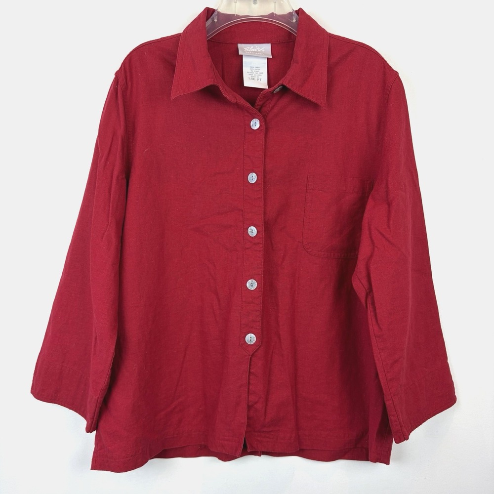 Vintage Top Women Large Petite Red Linen Blend 3/4 Sleeve Button Solid Old Money